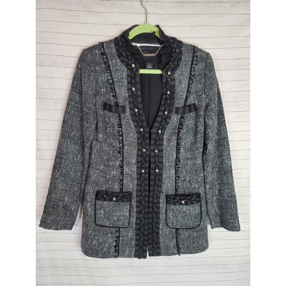 WHBM Long Tweed Fringe Boucle Jacket Blazer w Chain Ruffle Collar Detail, sz 4